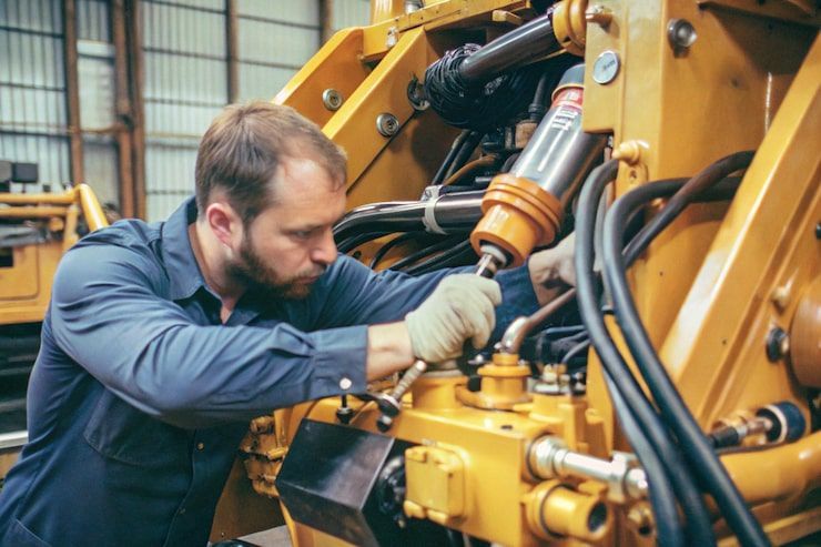 Mechanic working on yellow machinery, wearing blue shirt and gloves in a workshop setting.