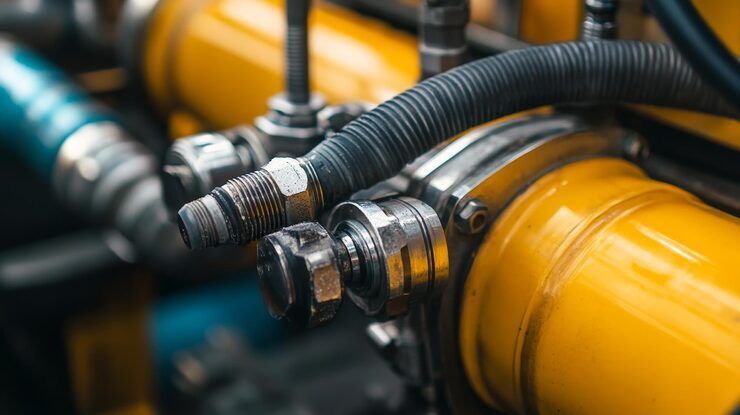Close-up of industrial machinery with yellow cylinders, metal fittings, and a black hose.