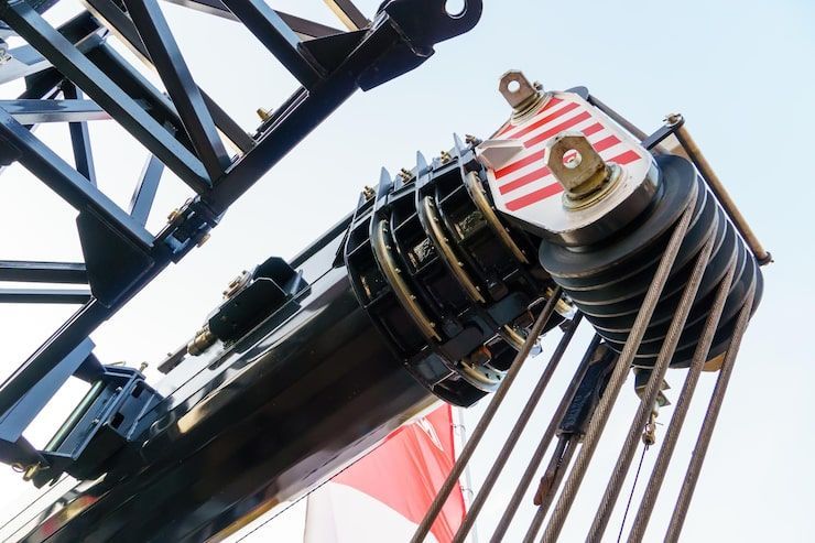 Crane pulley system with black and red accents, angled upward.