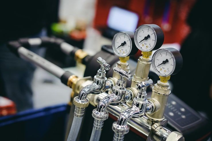Close-up of industrial machinery with gauges, silver pipes, and black tubing.