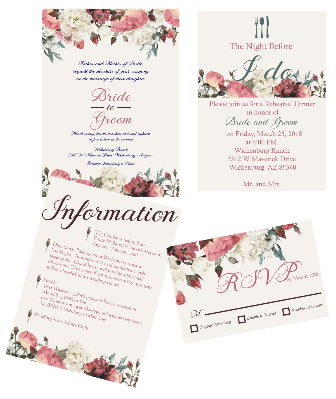 Wedding invitation suite with floral borders: includes invitation, RSVP, details card, and rehearsal dinner card.