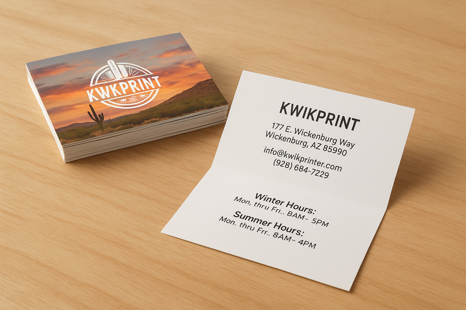 Business cards: stack with a sunset logo; open card shows company info including hours.