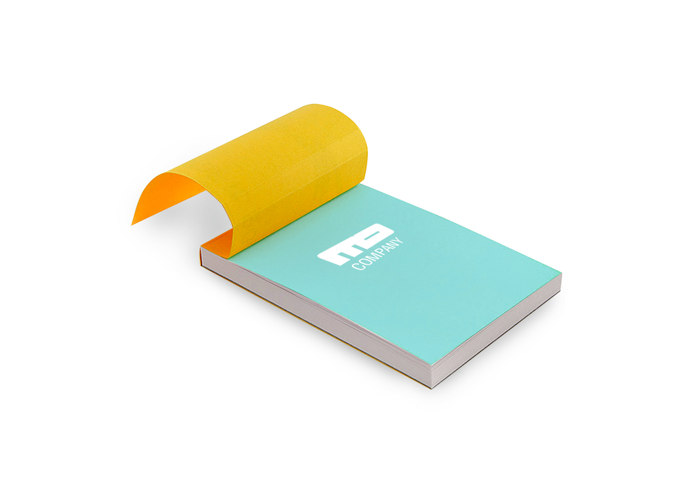 A small notepad with a turquoise cover and yellow binding, one page being peeled back.