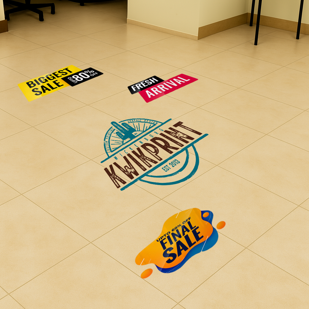 Floor decals advertising sales and a printing company.