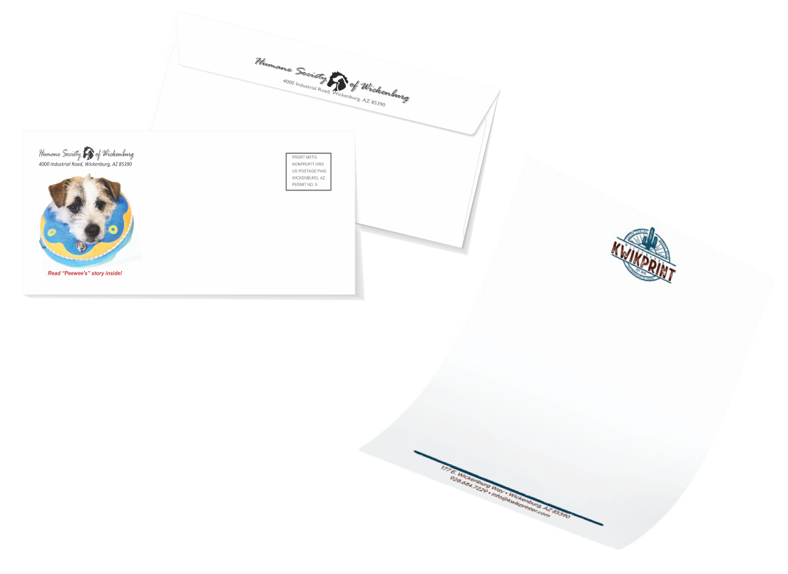 Stationery set: dog on envelope, letterhead with logo, and a blank envelope.