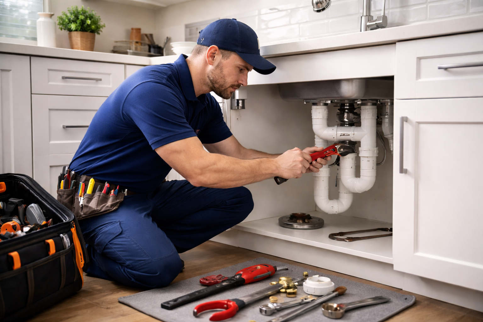 Plumber repairing a sink drain under a kitchen cabinet with tools laid out on the floor