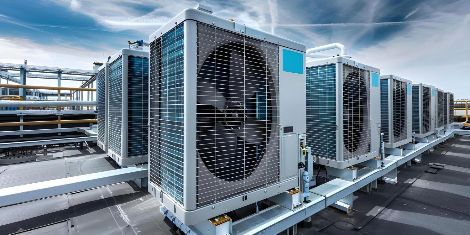 A row of industrial air conditioning units installed on a flat commercial rooftop under a partly cloudy sky.