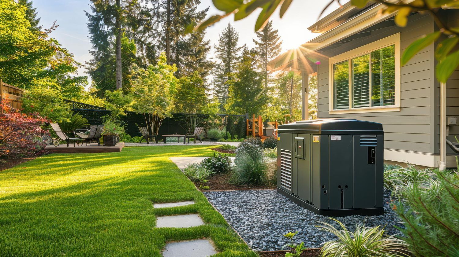 A dark gray backup generator sits on a gravel patch beside a gray house in a sunny, green residential backyard.
