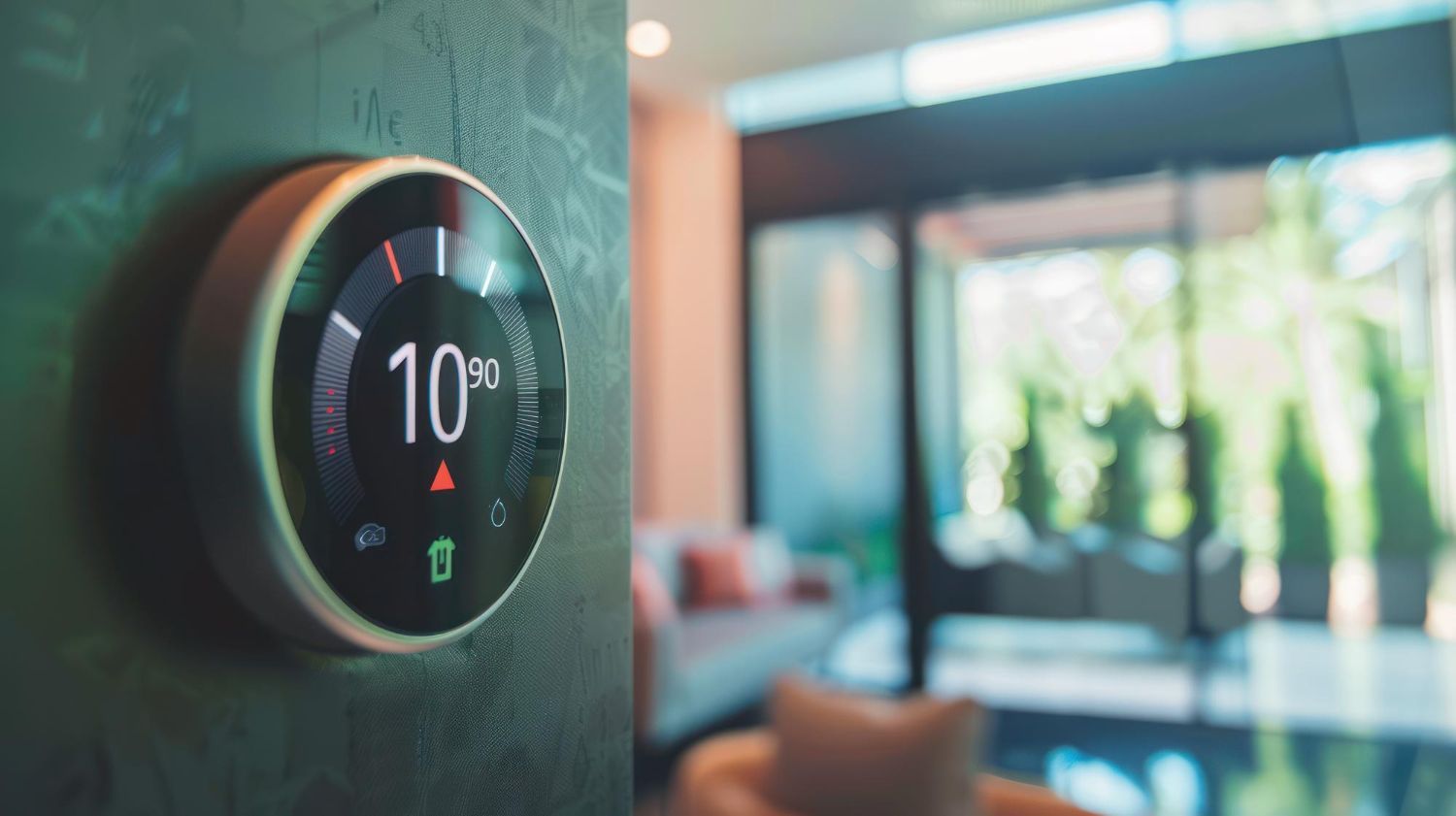 A round, black digital smart thermostat mounted on a textured wall, showing 10 degrees, with a blurred indoor room behind.