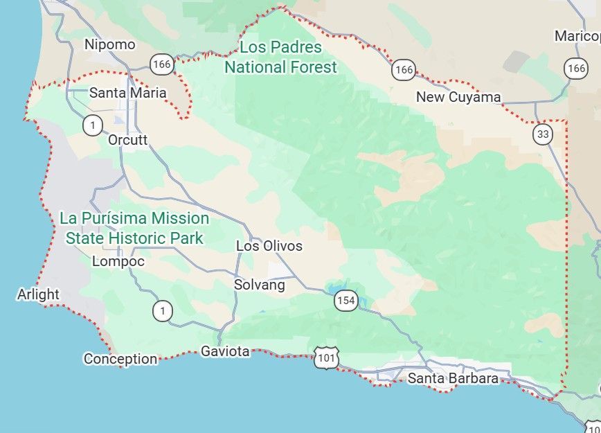 Map of coastal central California with highlighted green area around Santa Barbara and Los Padres National Forest