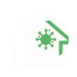 Green house icon with a virus symbol inside a circle, suggesting home quarantine or infection risk
