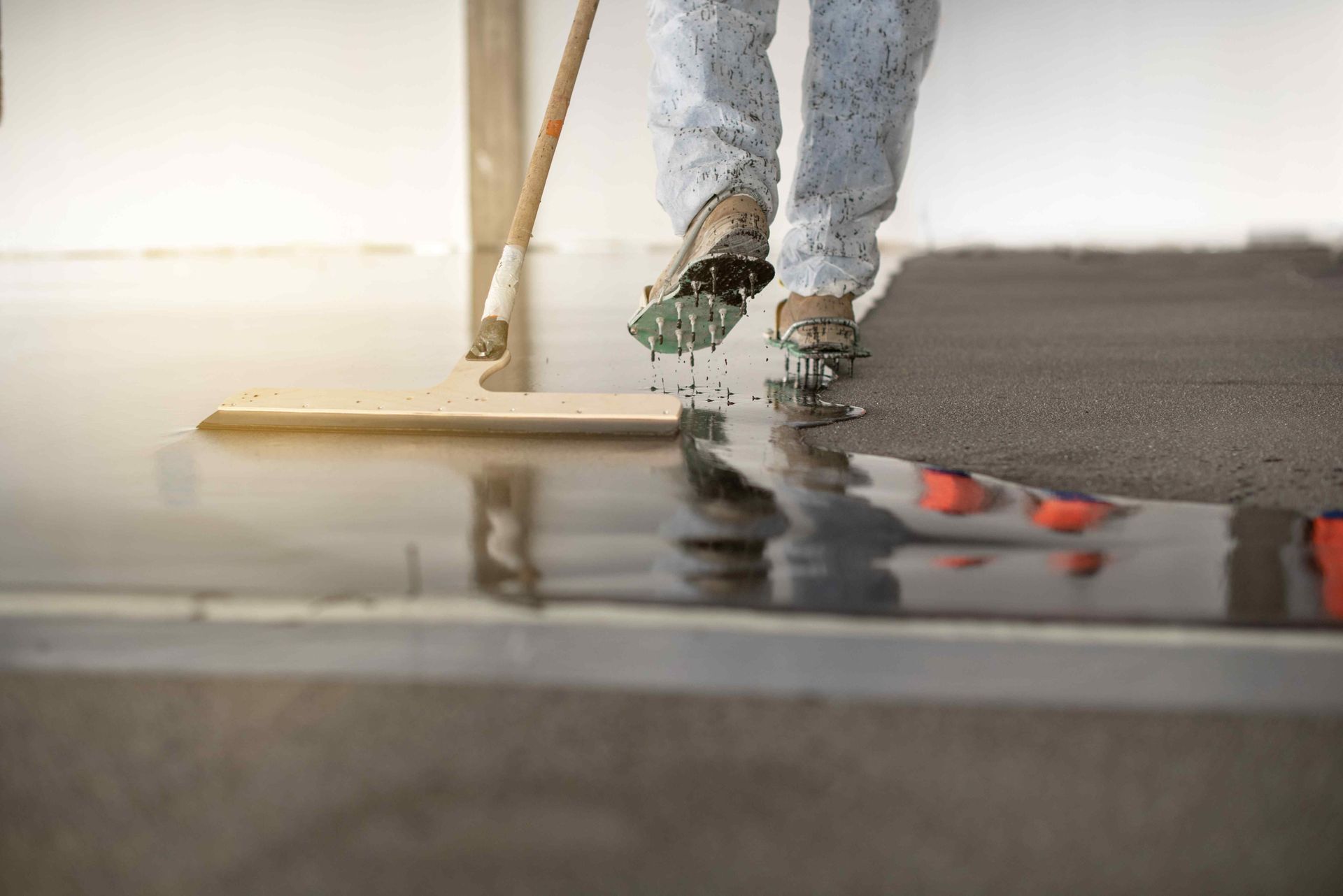 Person in paint-splattered suit smoothing epoxy floor coating with a squeegee.