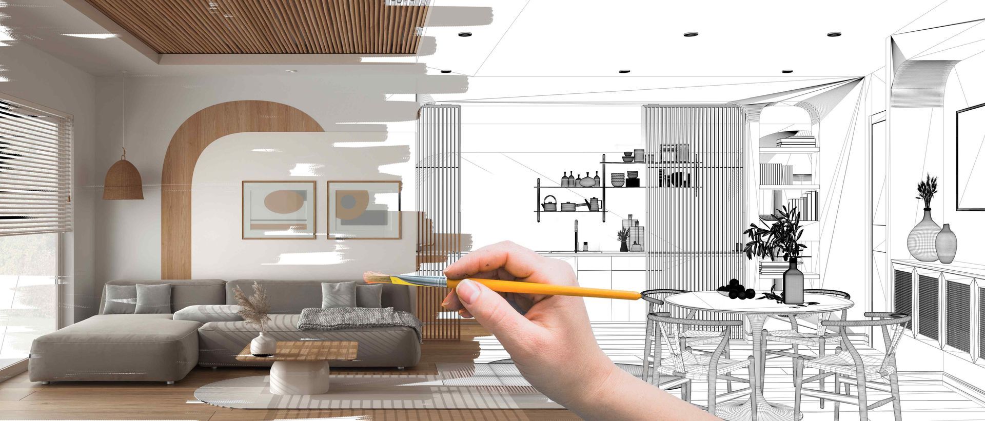 Hand painting a modern living room design, transitioning from sketch to color.
