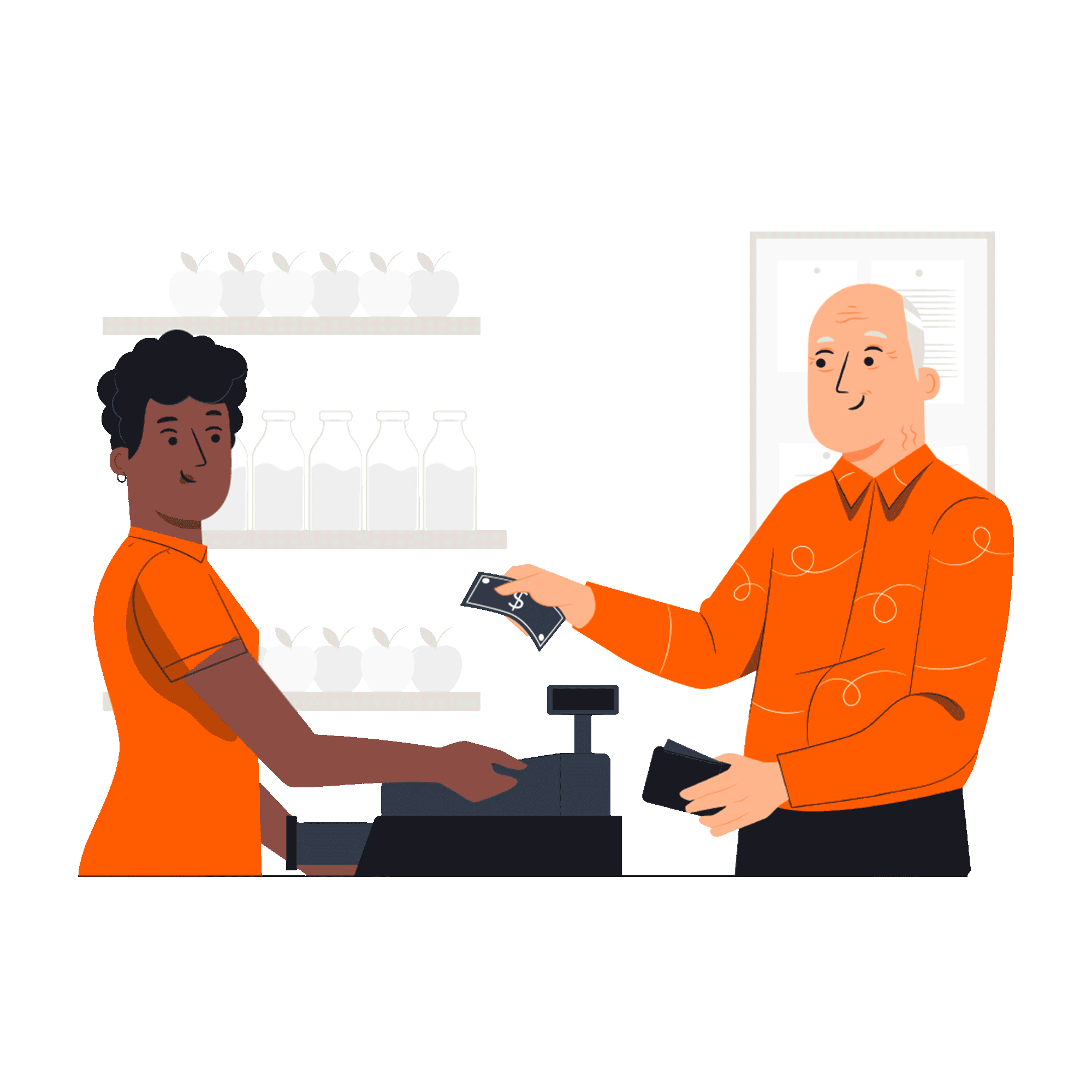 Person paying at a checkout counter in a store; cashier in orange shirt; cashier takes money.