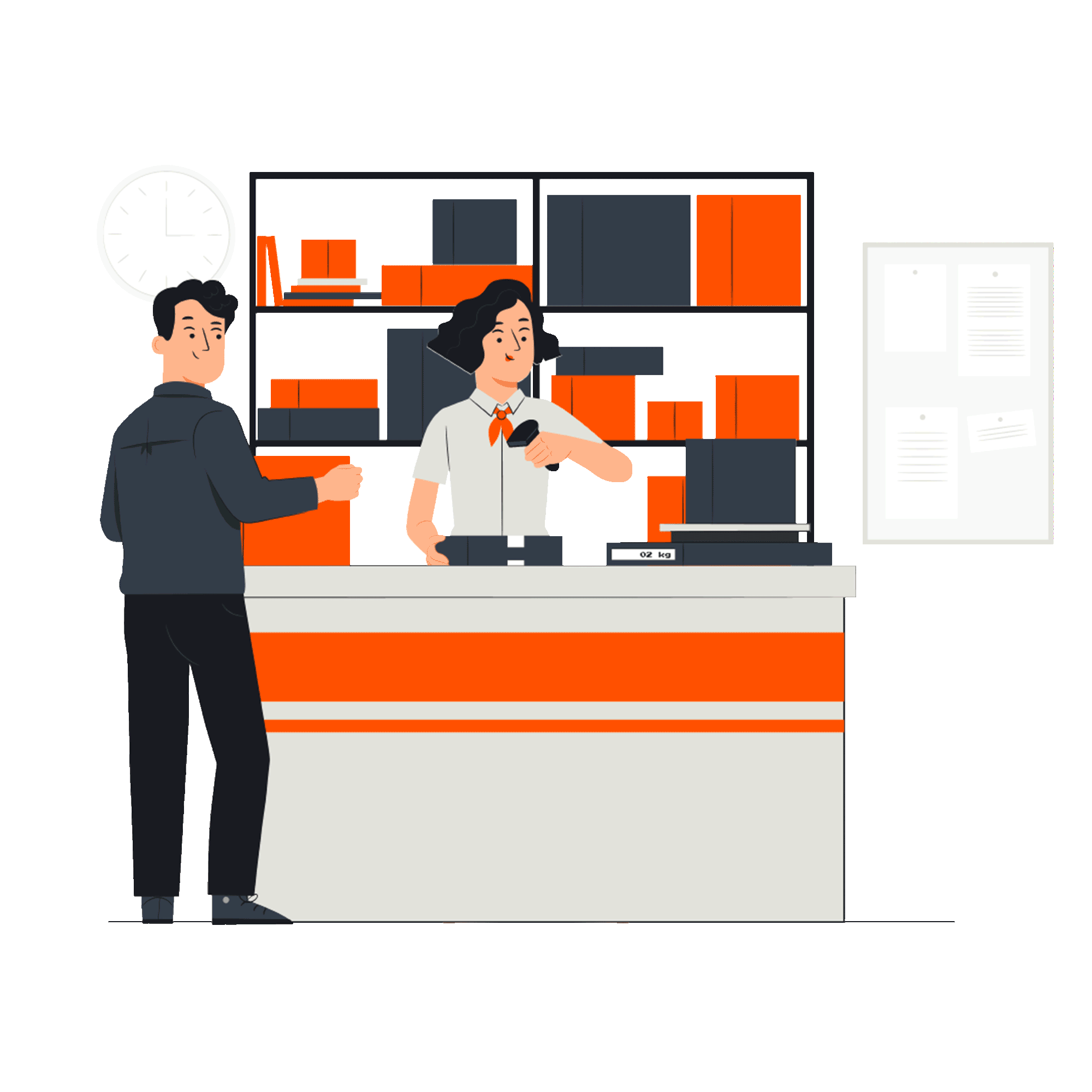 Man at counter interacting with cashier, orange and white desk and shelves with boxes.