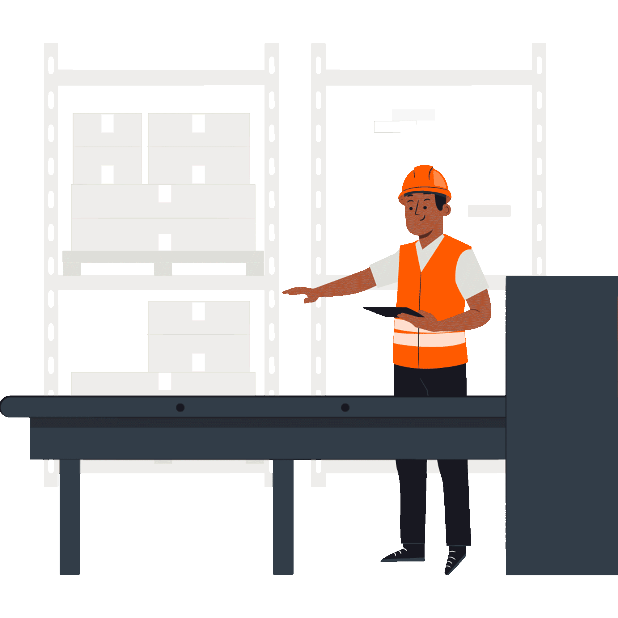 Warehouse worker in orange vest pointing, holding tablet near conveyor belt and shelves with boxes.
