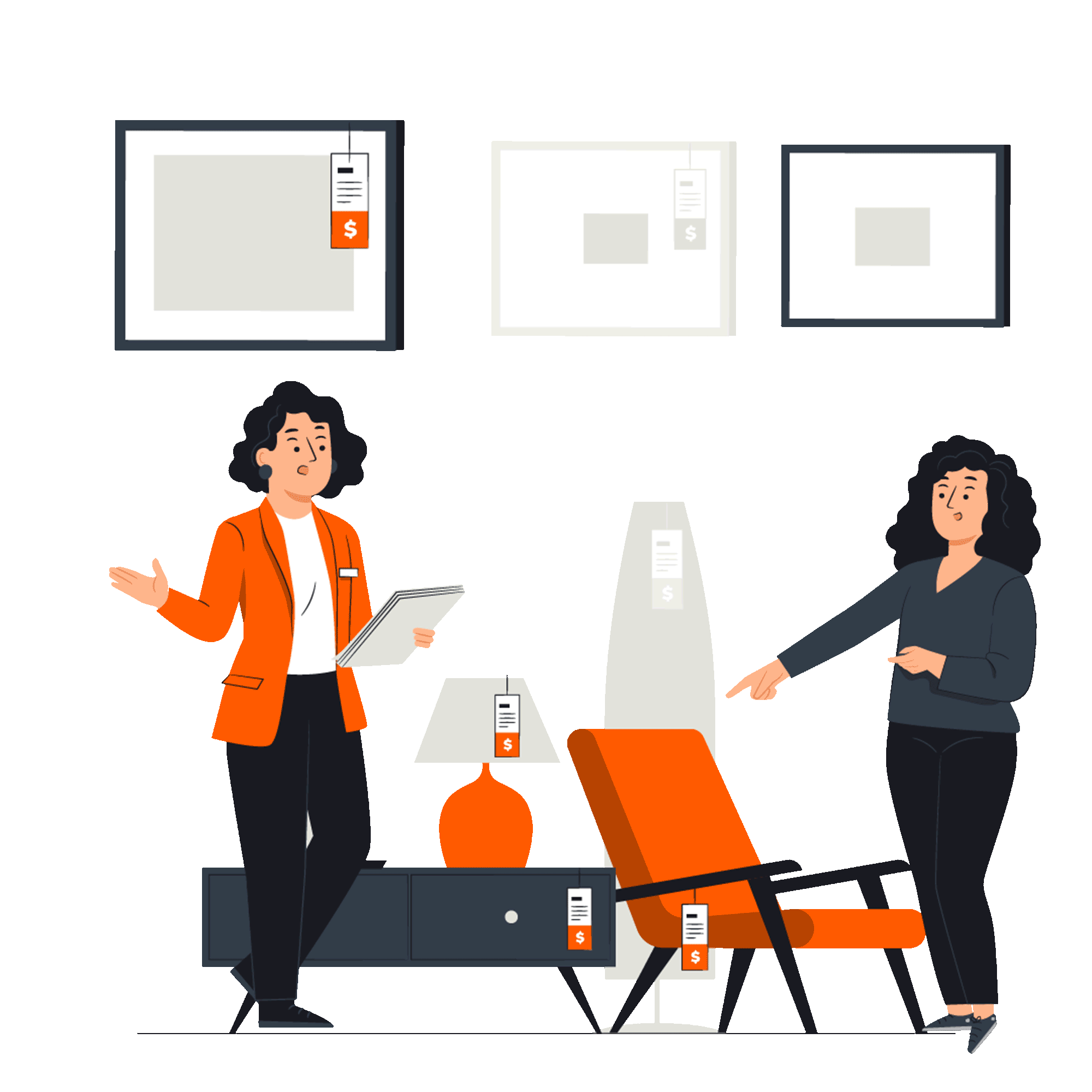 Two women in a furniture store examining a display. One points at an orange chair, and the other holds a clipboard.