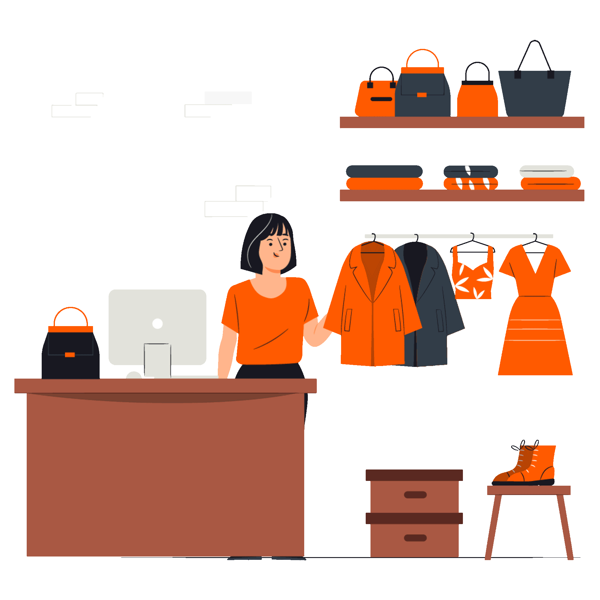 Woman at clothing store counter. Clothes, bags on shelves and rack. Orange and black color scheme.