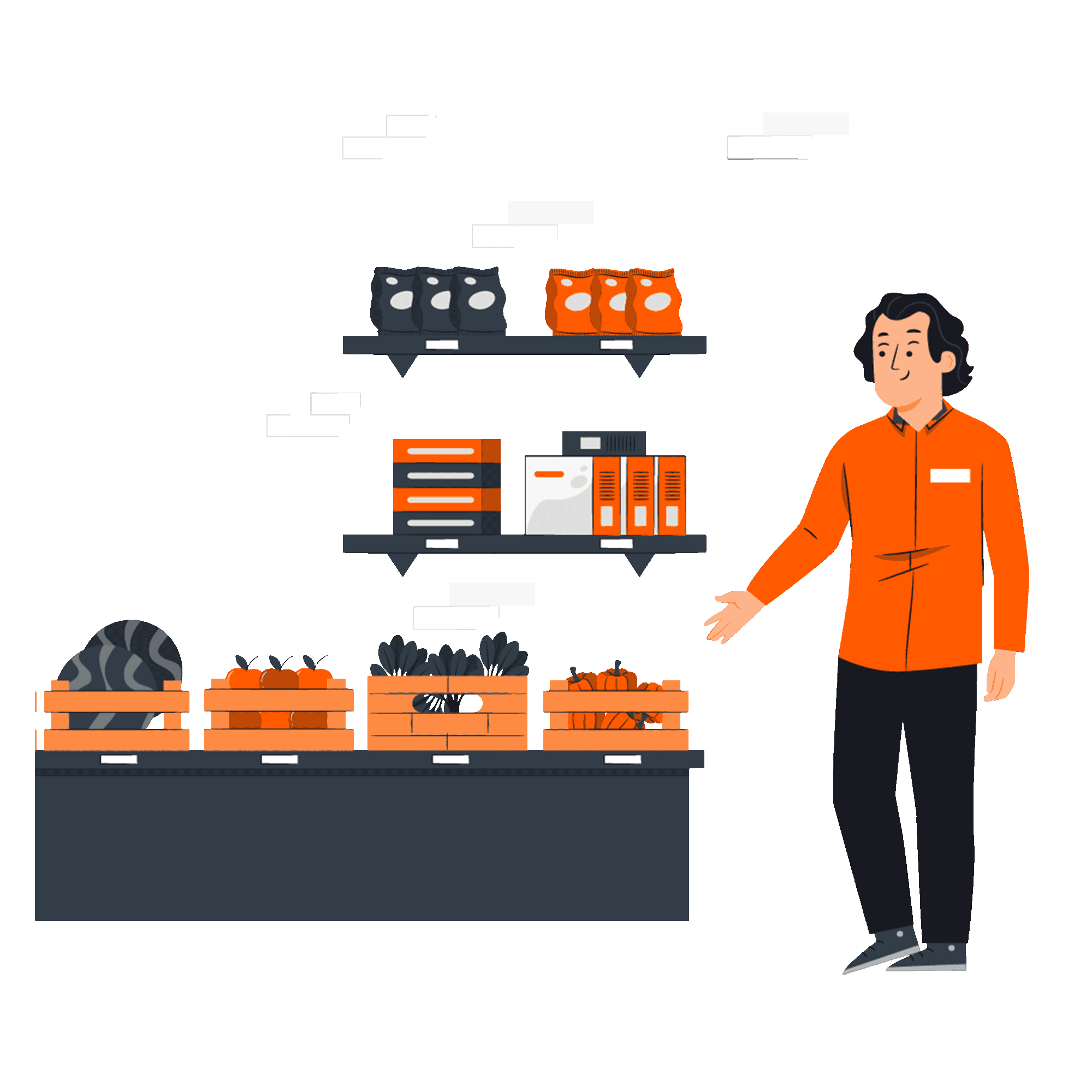 A person gestures toward a store display of produce and shelves with packaged goods.