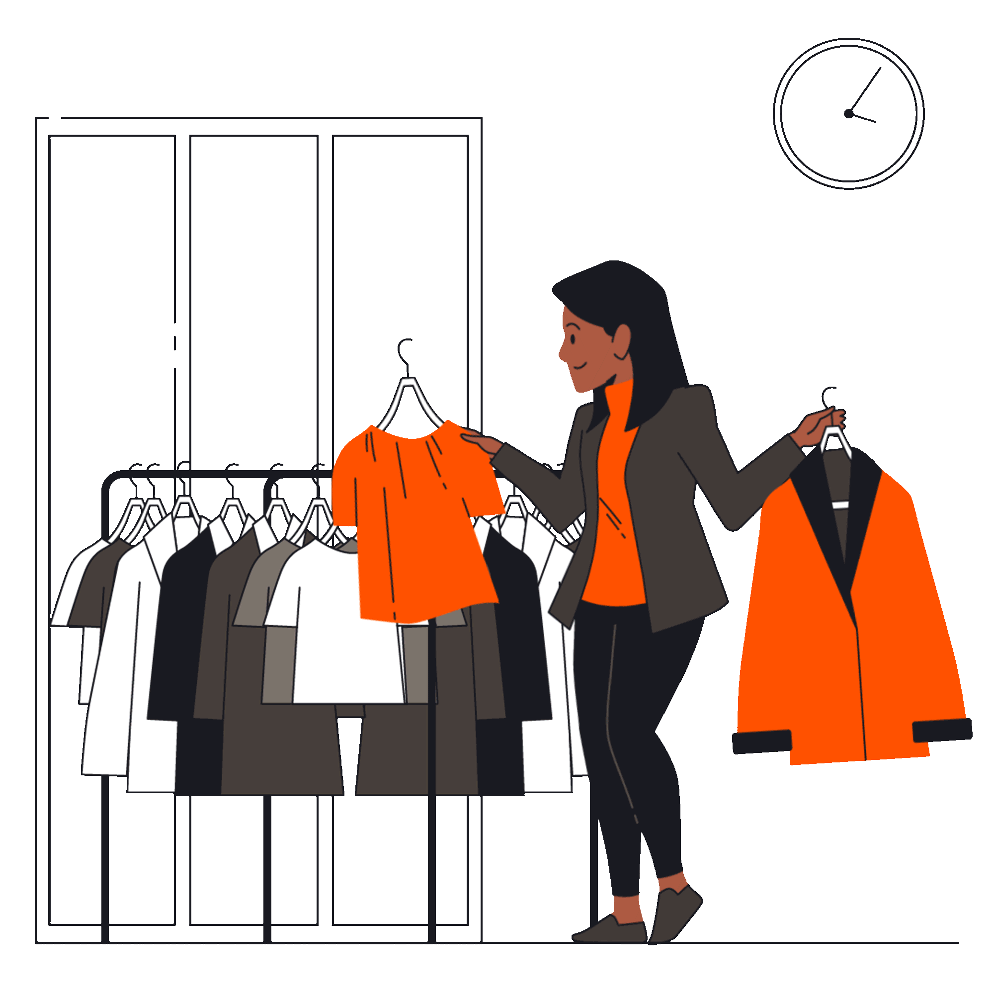 Woman in a clothing store holding an orange top and a jacket, choosing outfits.