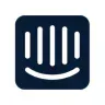 Dark blue square with vertical lines and a curved line below, resembling a smiling face.