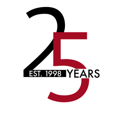 A graphic featuring the number 25 in black and red, with the text 