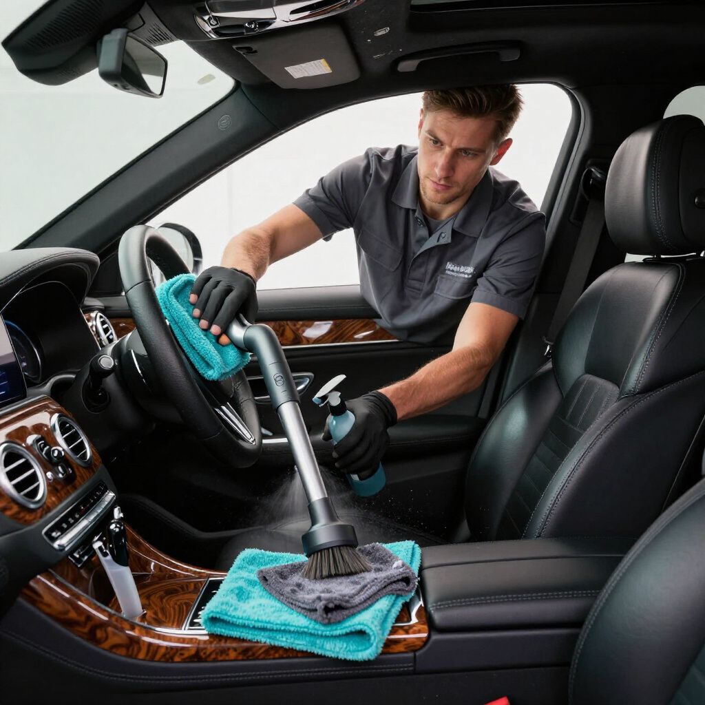 Man cleaning car interior with a steam cleaner and microfiber cloths.