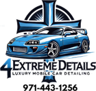 Blue sports car logo for “4ExtremeDetails” luxury mobile car detailing, with phone number 971-443-1256