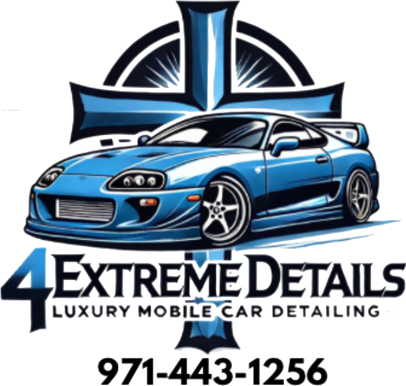 Blue sports car logo for “4ExtremeDetails” luxury mobile car detailing, with phone number 971-443-1256