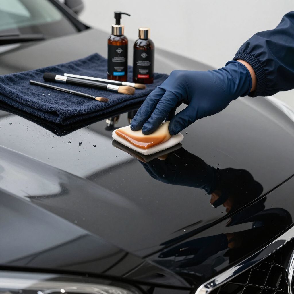 Person applying ceramic coating to a black car hood with a sponge, wearing gloves.