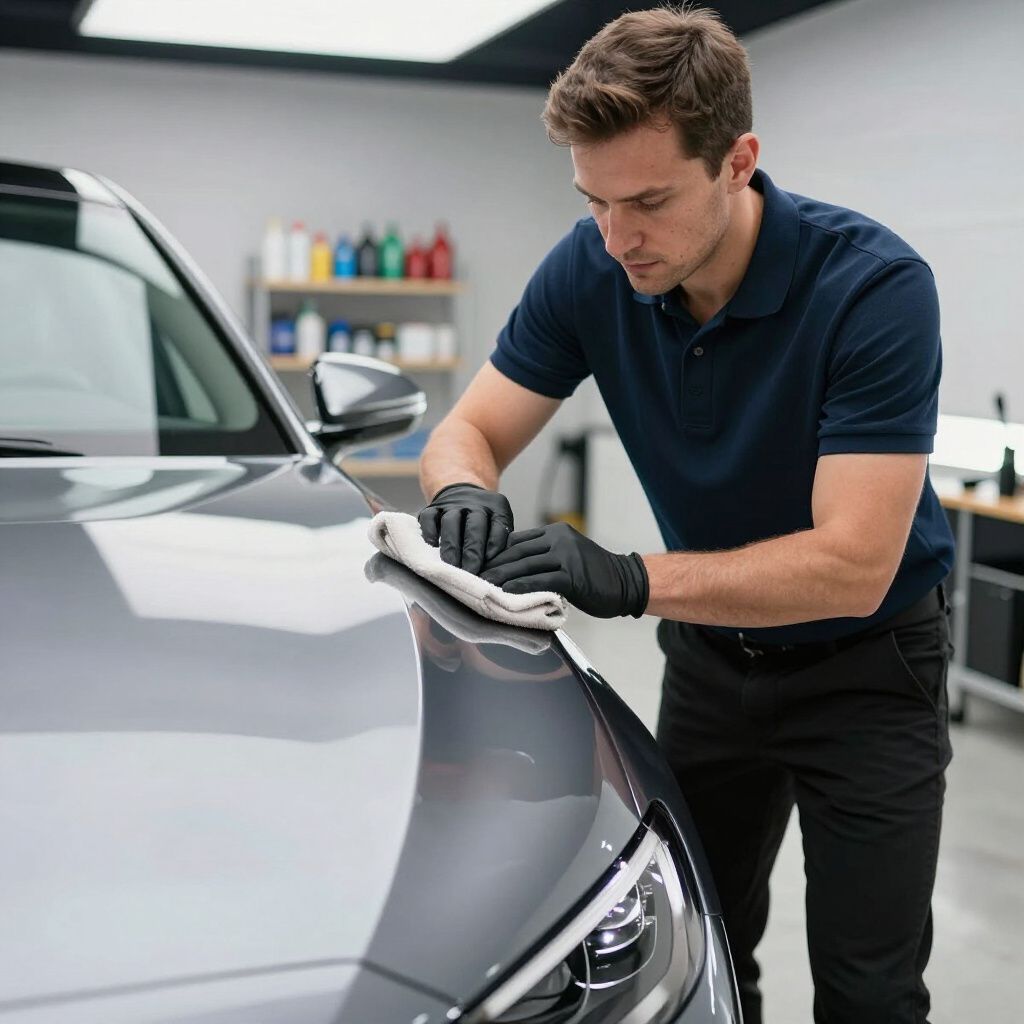 Man in black gloves, using a cloth to detail the hood of a gray car in a well-lit garage.