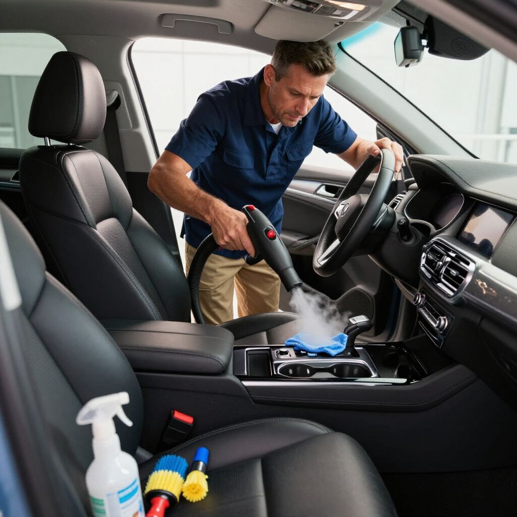 Man steam cleaning a car interior. He uses a steamer on the console. There are cleaning supplies nearby.