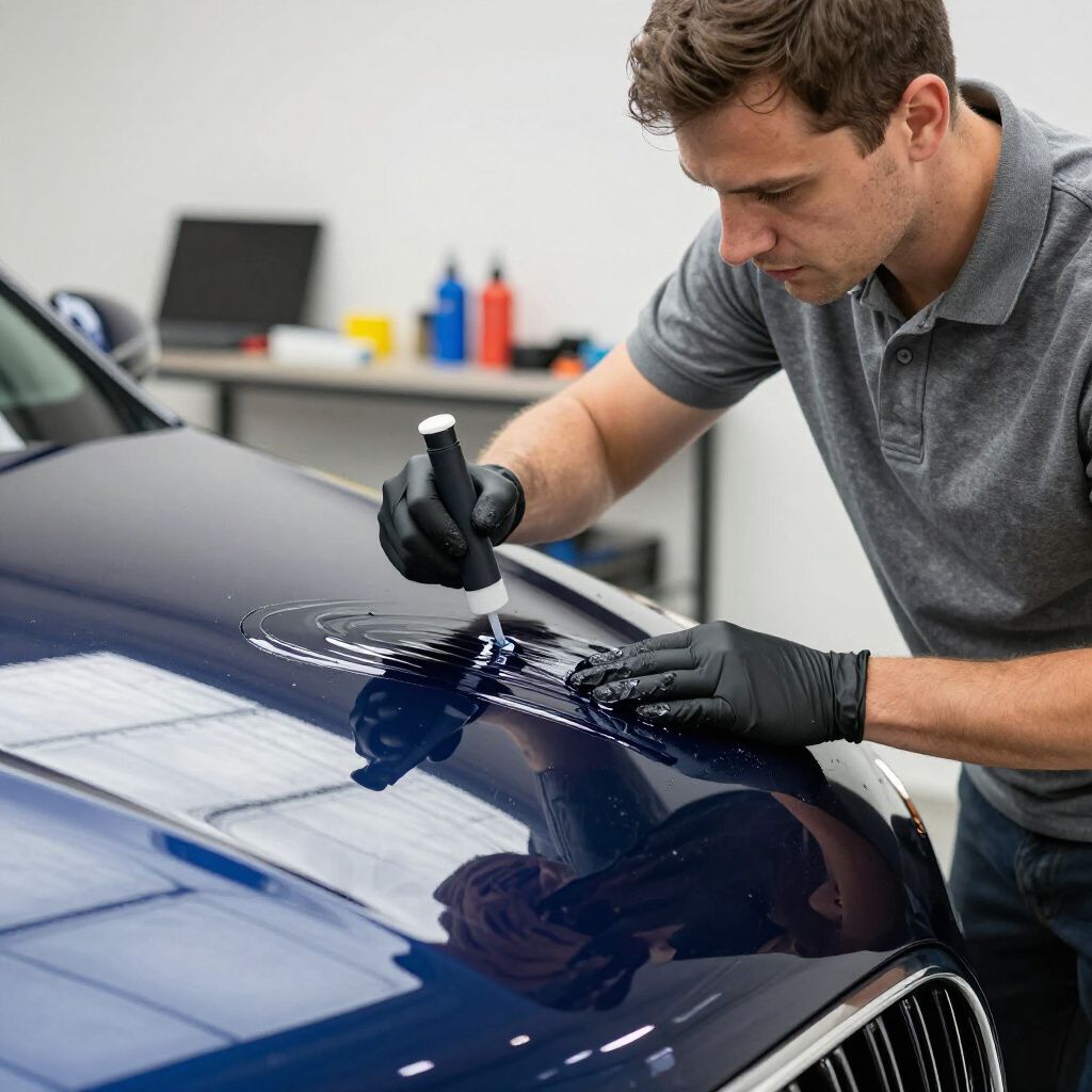 Man in gray shirt applies touch-up paint to a blue car's hood, wearing black gloves.