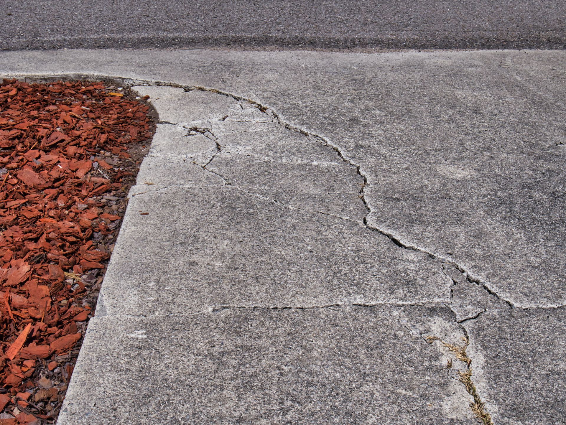 A close up of a cracked sidewalk next to a road.