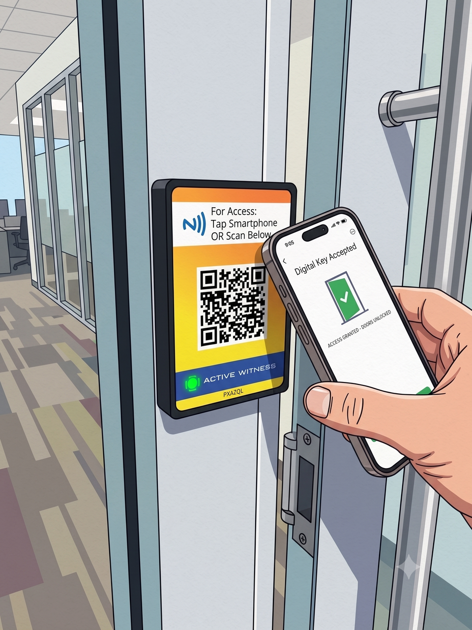 Illustration of the Active Witness Smart Tap reader with integrated QR code