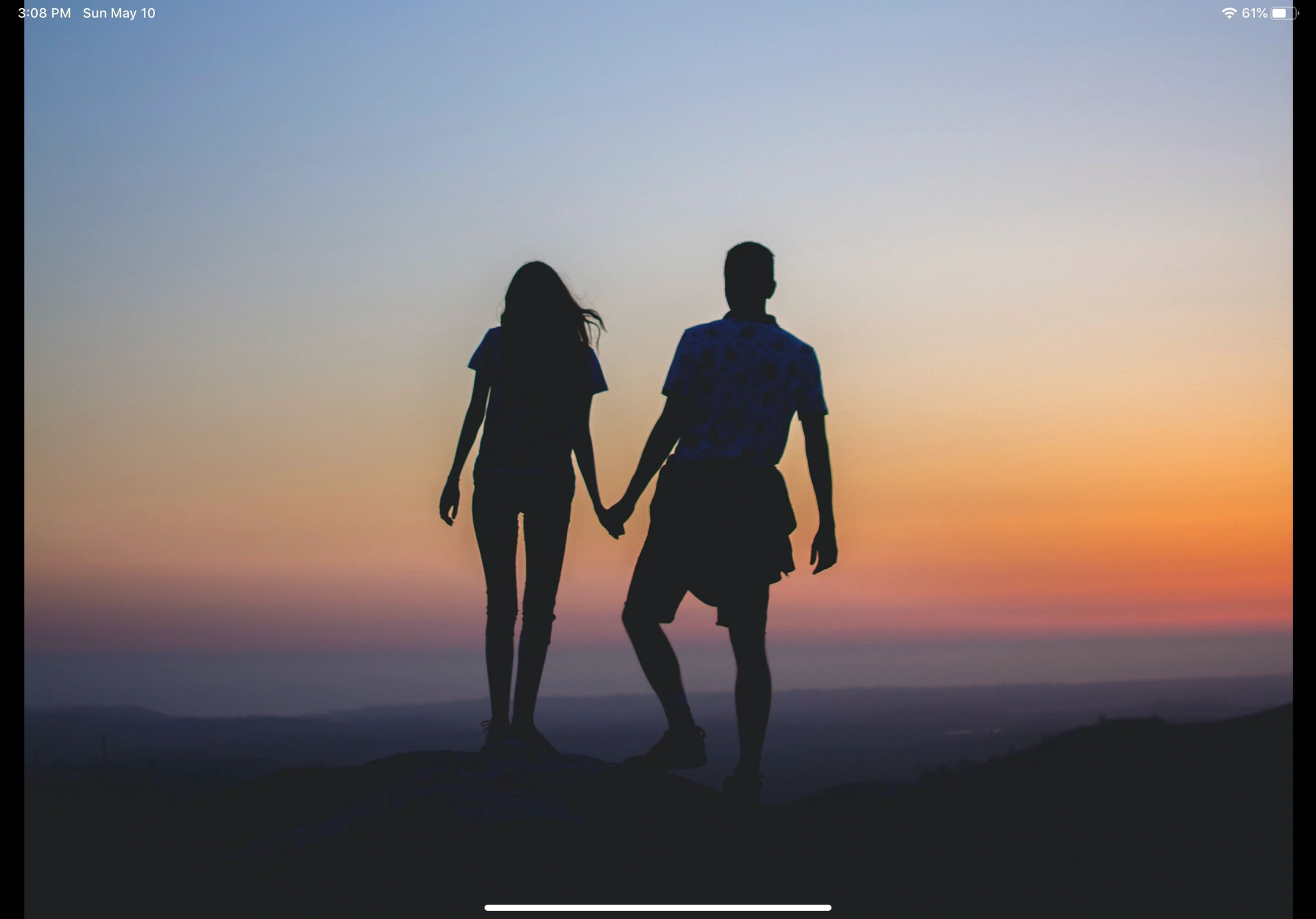 A man and a woman are holding hands while standing on top of a hill at sunset.
