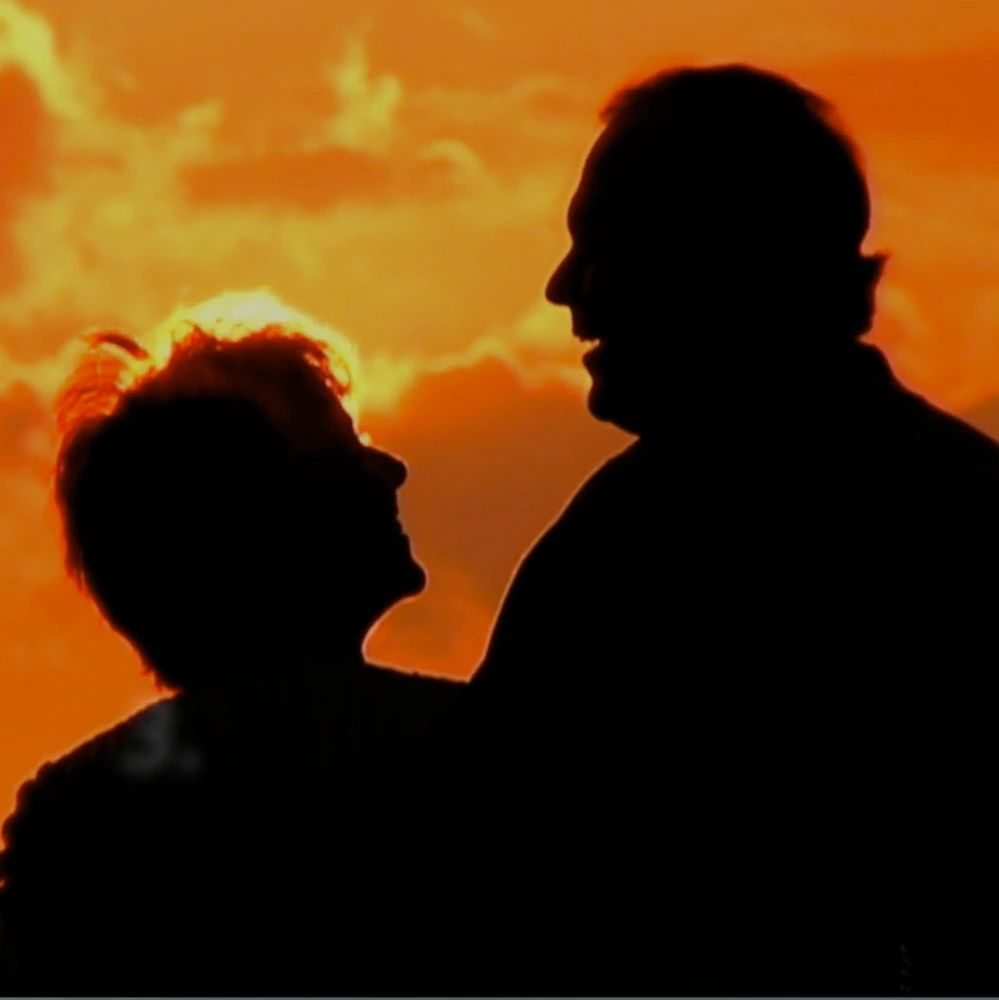 A silhouette of a man and a woman looking at each other at sunset.
