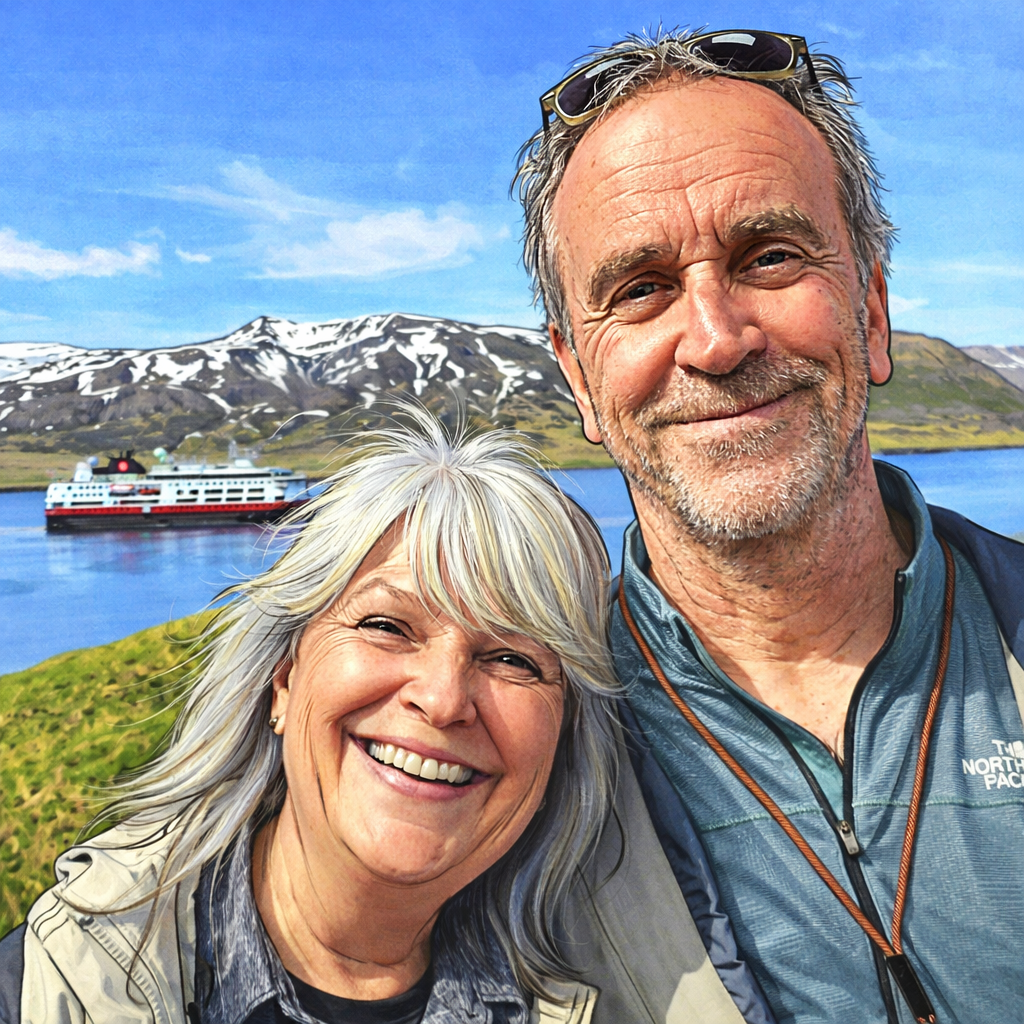 A man and a woman are posing for a picture with a boat in the background.