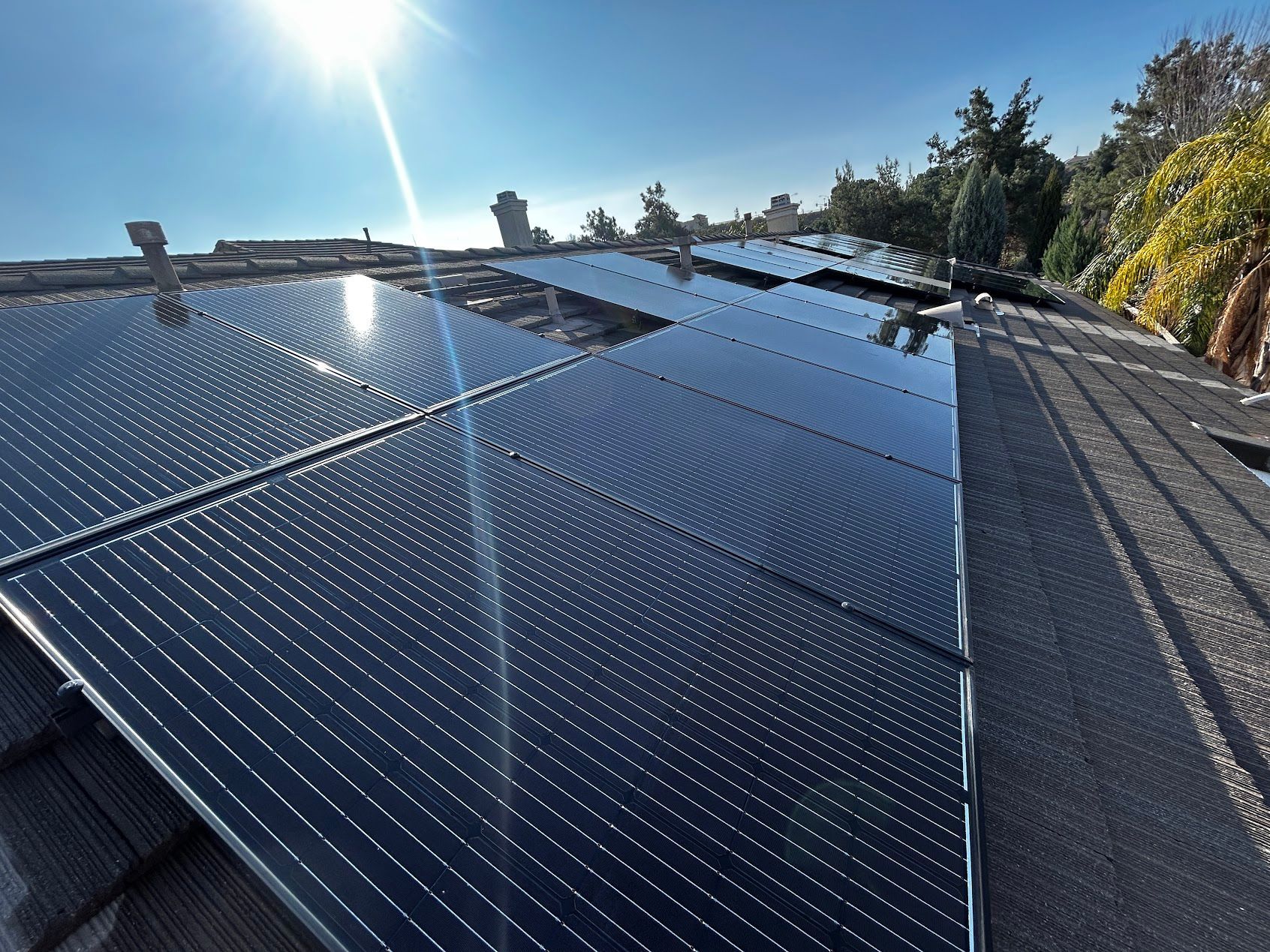 Solar panels on a rooftop under bright sunlight, with trees and sky in the background