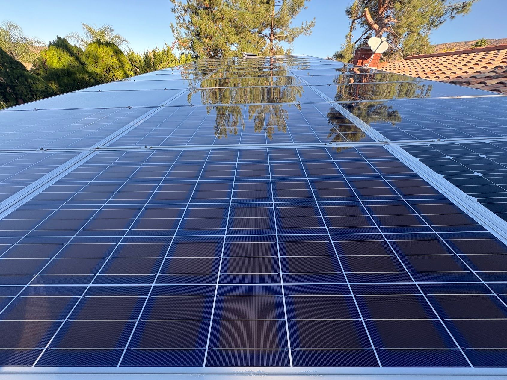 Rows of blue solar panels on a roof reflecting trees and sky