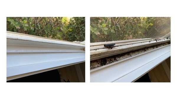 Two side-by-side photos of a white gutter with debris buildup and sagging near the roofline