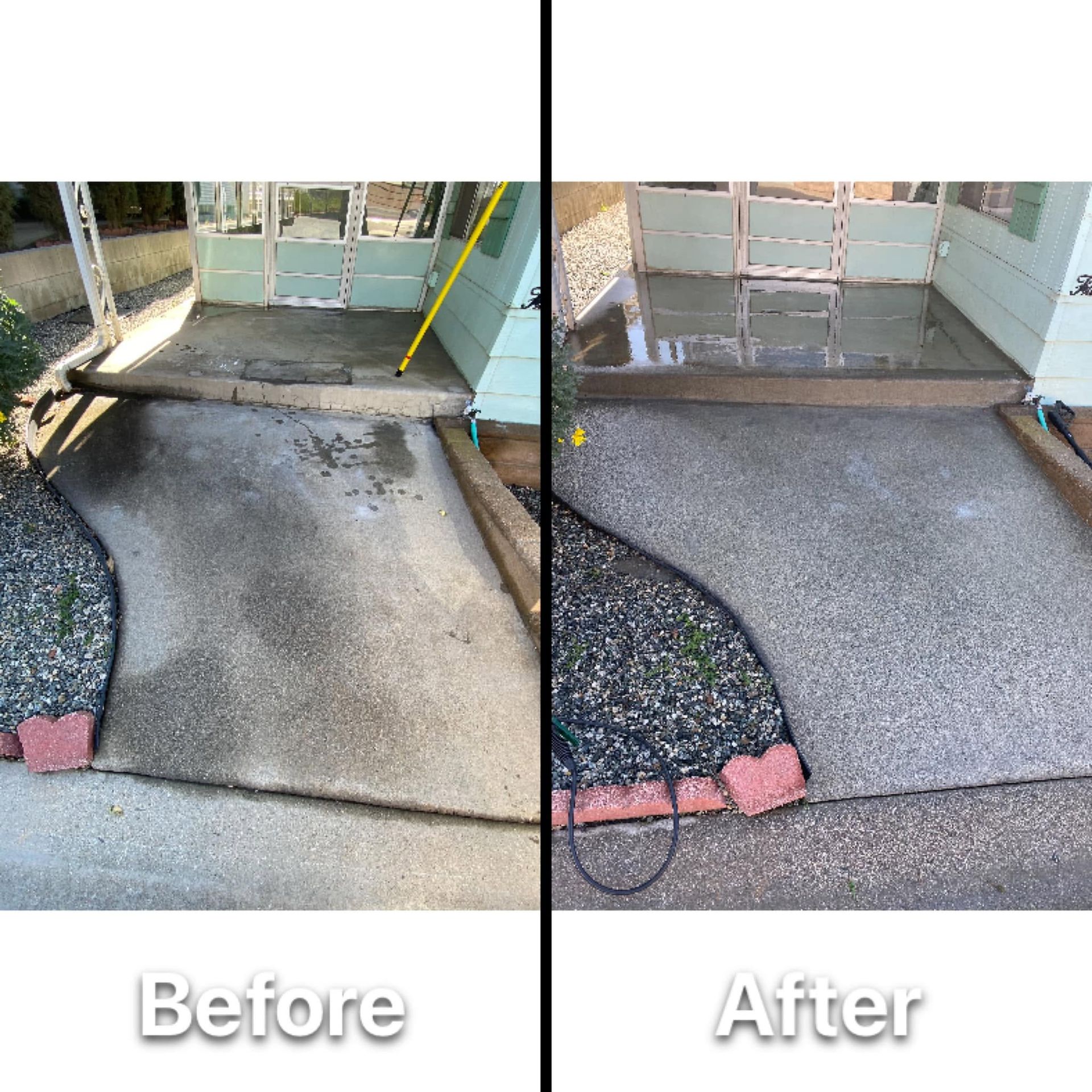Concrete walkway and porch entry before and after repair, showing a smoother, cleaner surface.