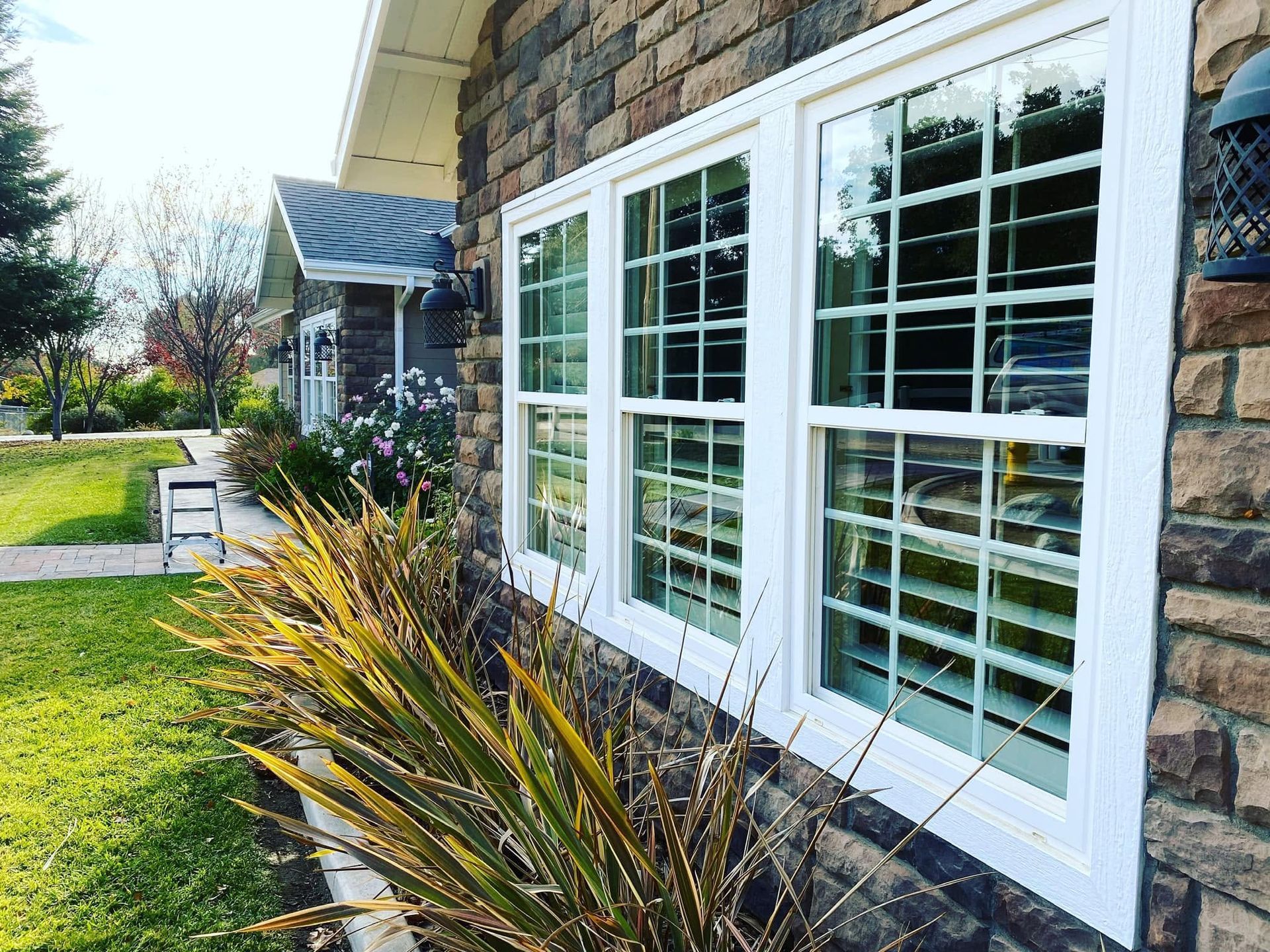 White-trimmed windows on a stone house beside a garden path and spiky plants