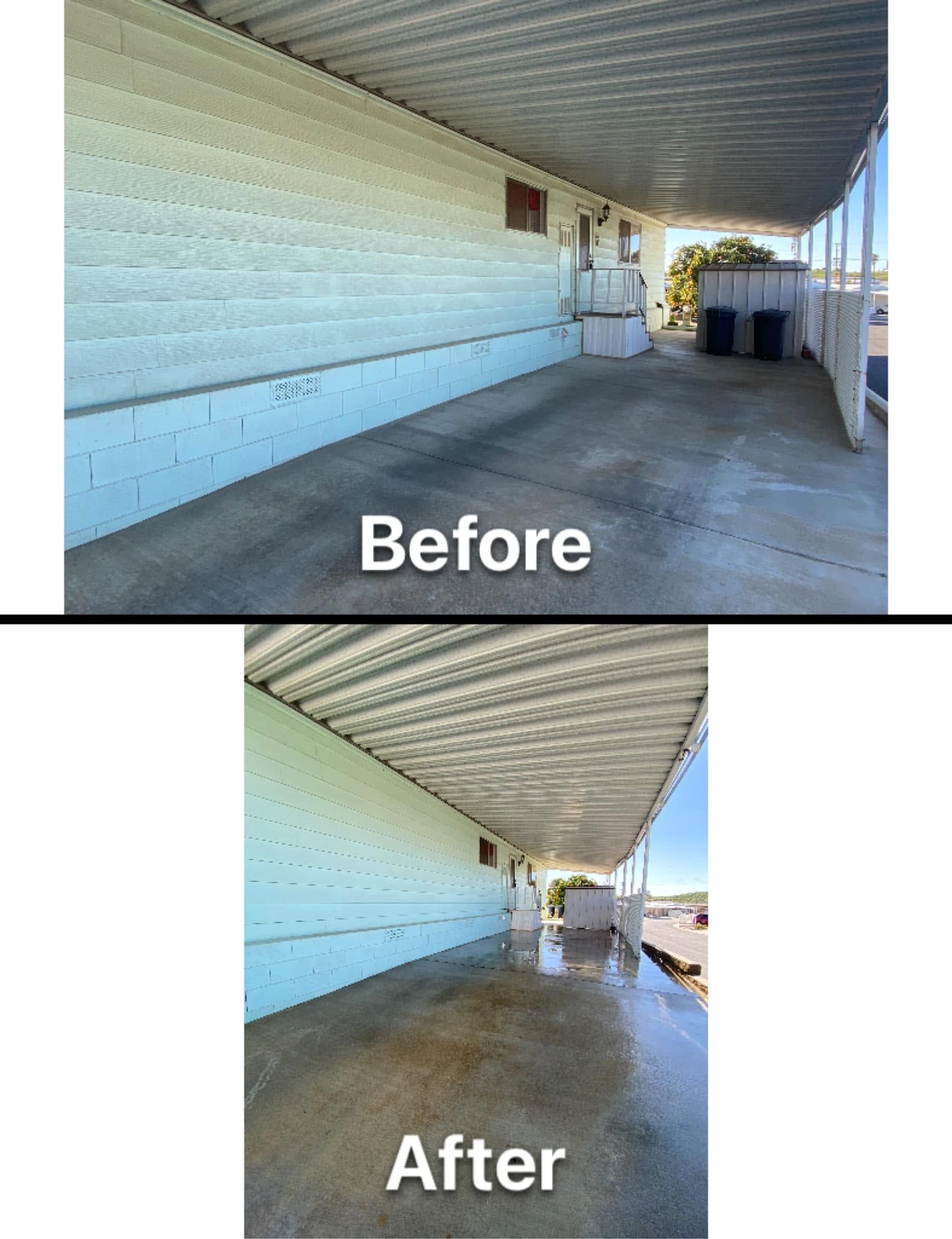 Before-and-after view of a cleaned covered porch with white siding and concrete floor in bright sunlight