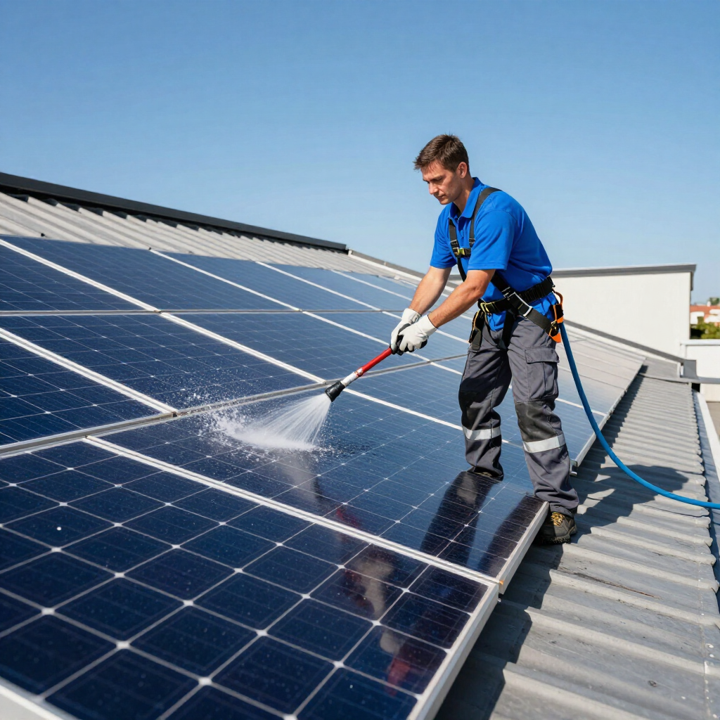 Worker washing rooftop solar panels with a pressure washer under a clear blue sky