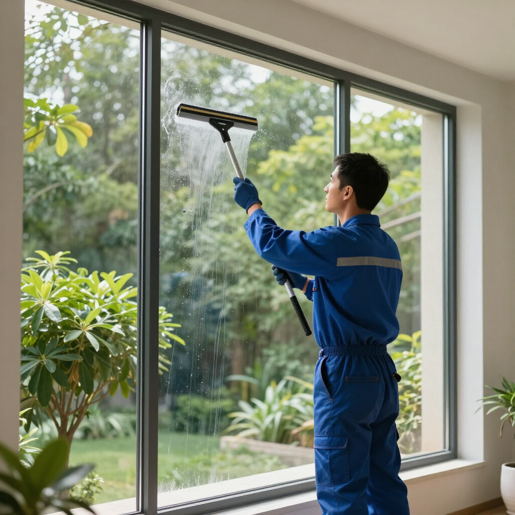 Window cleaner in blue uniform using a squeegee on a large indoor glass window with garden outside