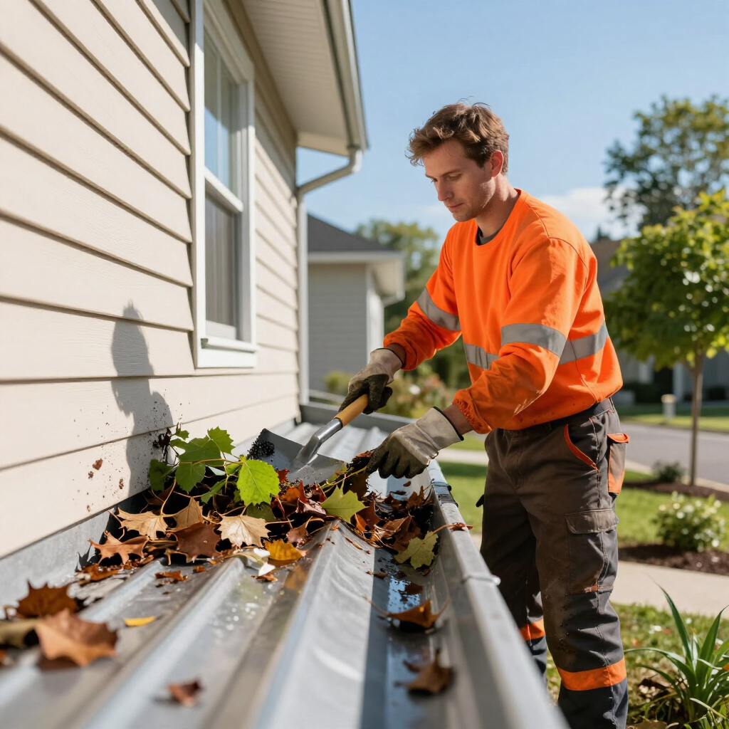 Worker in orange safety gear cleaning leaves from a house gutter with a trowel