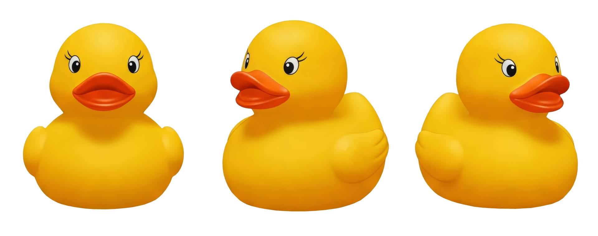 Three yellow rubber ducks with orange beaks on a white background