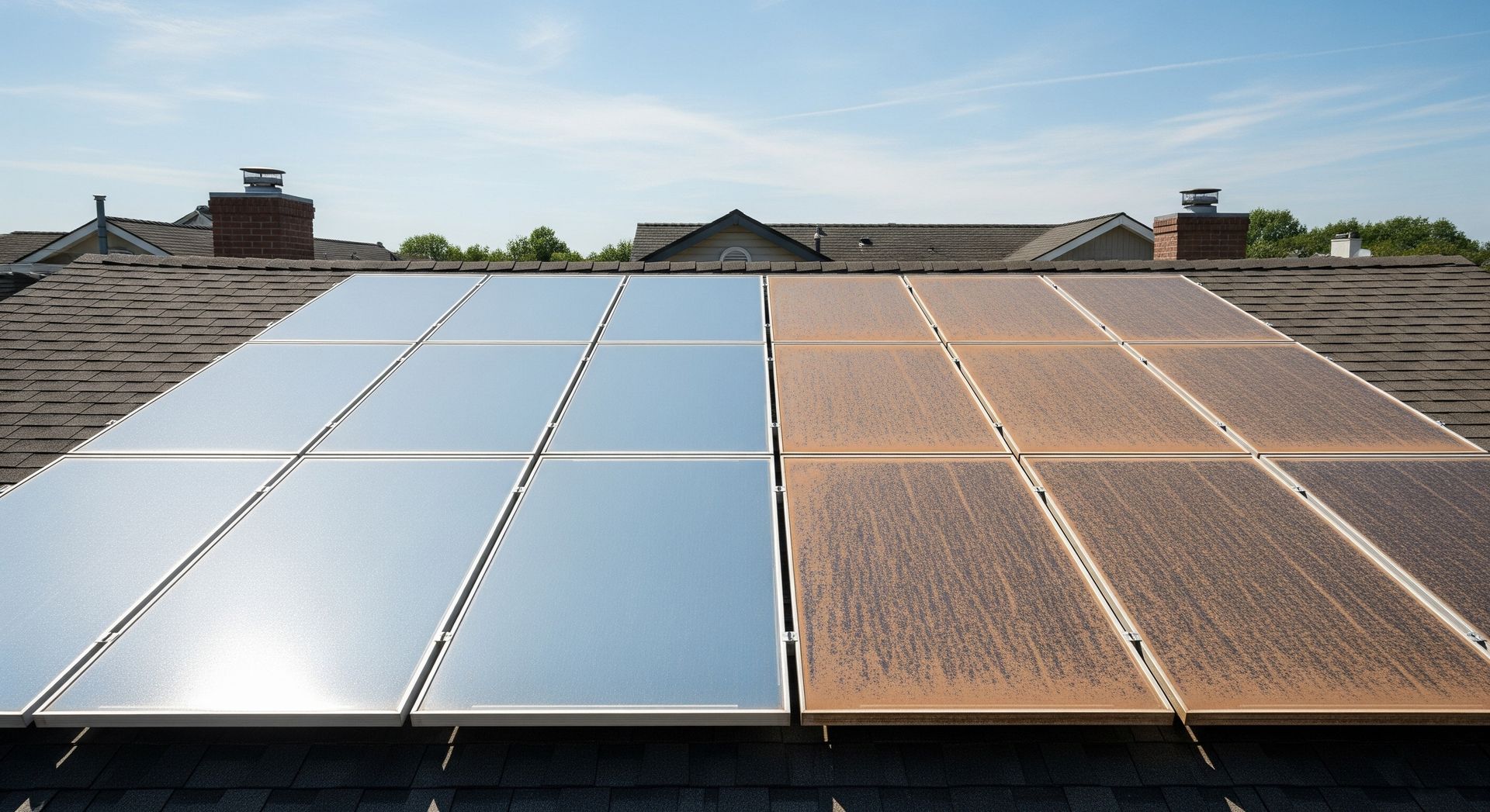 Solar panels on a rooftop, with reflective silver panels beside dusty brown panels under a blue sky