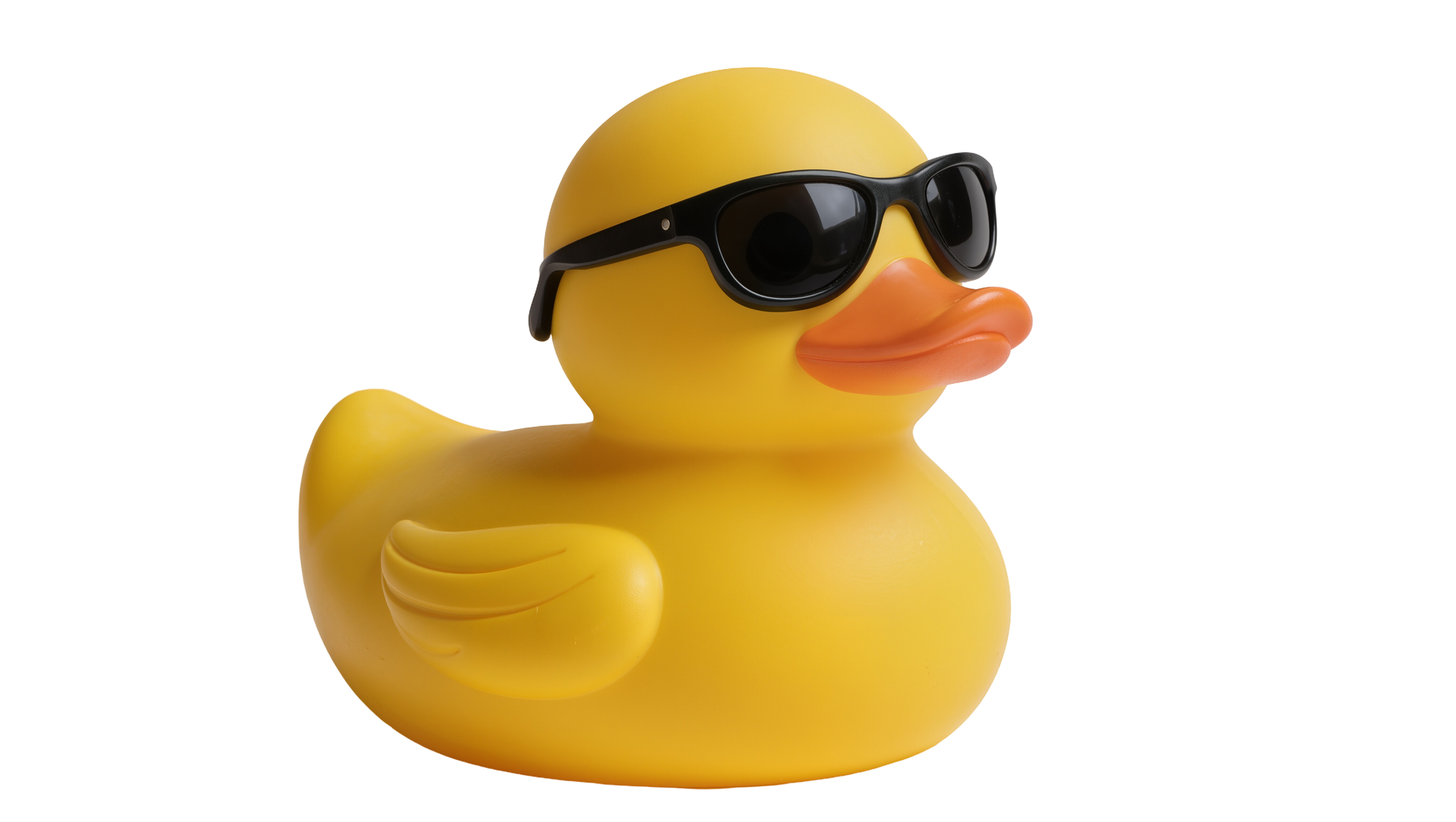 Yellow rubber duck wearing black sunglasses on a white background